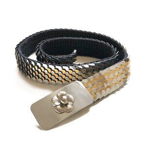 Vintage 70s Disco Gold & Silver Tone Floral Buckle Metallic Scale Stretch Belt